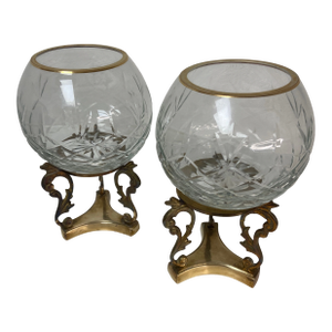 Mid 20th Century Crystal Rose Bowls on Brass Stands - a Pair