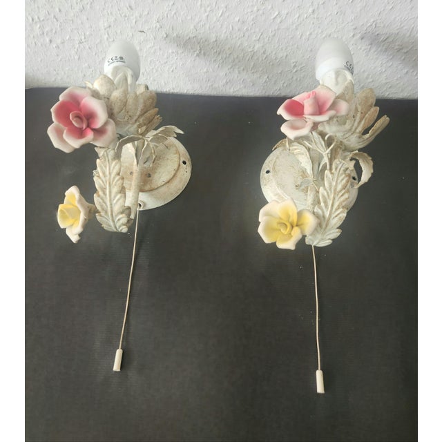 Vintage Wall Lamp with Floral Porcelain Elements, 1960s, Set of 2 For Sale - Image 9 of 18