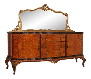 Baroque Style Venetian Walnut & Maple Inlay Credenza with Mirror, 1920s