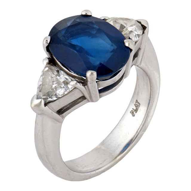 Vintage Gia 4.50 Sapphire Diamond Platinum Three Stone Ring, Size 9 For Sale