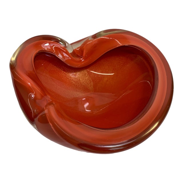 C. 1960s Alfredo Barbini Murano Persimmon Orange Glass Vide-Poche With Gold Flecks For Sale