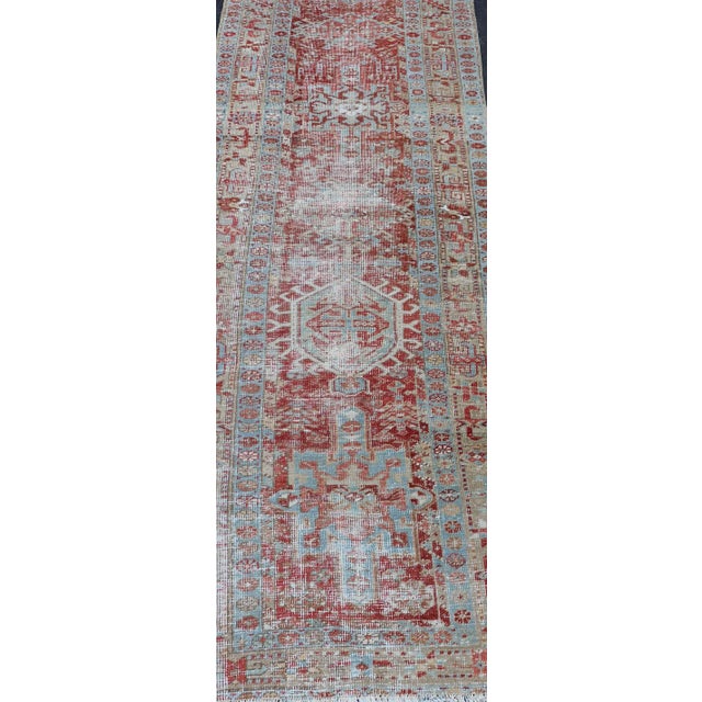Early 20th Century Antique Persian Heriz Runner With Geometric Design in Soft Red and Sky Blue 2'10 X 10'1 For Sale - Image 5 of 13