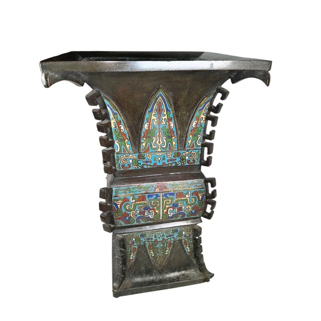 Heavy Chinese Bronze Cloisonné Urn For Sale - Image 4 of 9