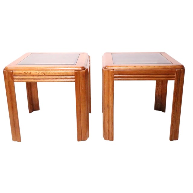 Wood Pr. Oak and Tinted Glass End Side Tables C. 1980/90's For Sale - Image 7 of 8