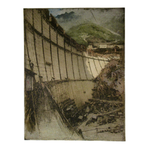 Luigi Kasimir "Dam Construction" Rare Large Colors Etching. C.1920 Reproduction Print