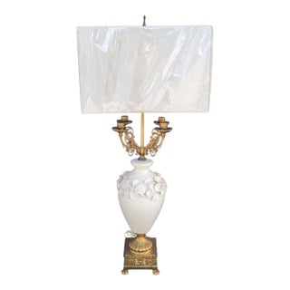 Vintage Huge Marbro Style Porcelain Urn Candleabra Style Raised Leaf Brass Table Lamp For Sale