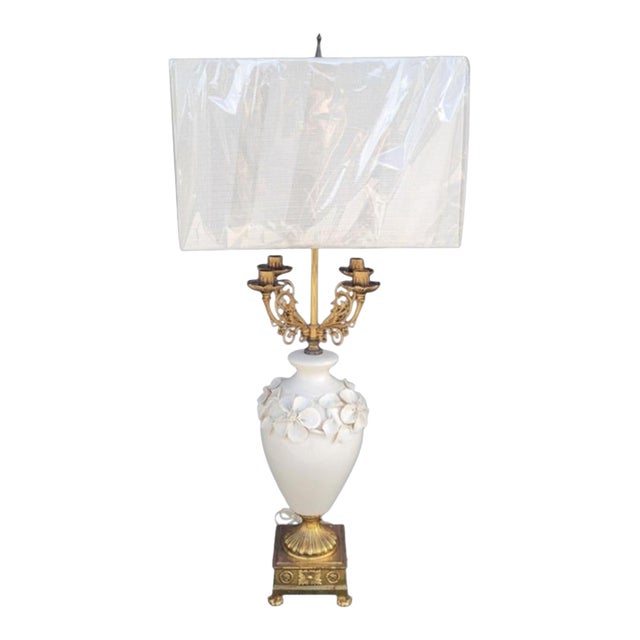 Vintage Huge Marbro Style Porcelain Urn Candleabra Style Raised Leaf Brass Table Lamp For Sale