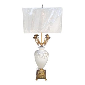 Vintage Huge Marbro Style Porcelain Urn Candleabra Style Raised Leaf Brass Table Lamp