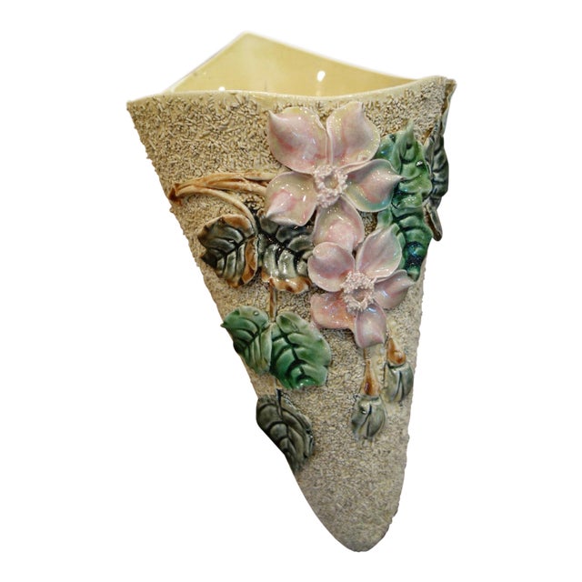 Antique French Majolica Barbotine Wall Pocket Flower Vase 19th Century Confetti For Sale