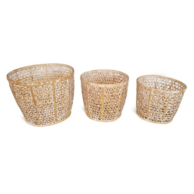 Boho Chic Vintage Bamboo White Wash Coastal Basket Medium For Sale - Image 3 of 4