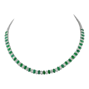 Contemporary 7.73ct Genuine Emerald & Diamond Tennis Necklace in 18k Gold