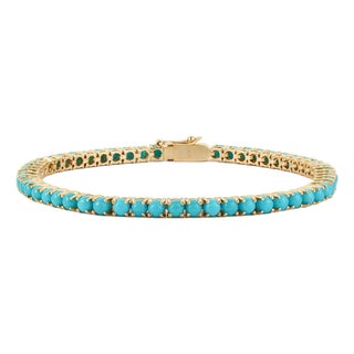 7.98ct Round Natural Turquoise Cabochon Tennis Bracelet in 14k Yellow Gold For Sale