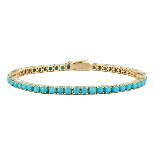 7.98ct Round Natural Turquoise Cabochon Tennis Bracelet in 14k Yellow Gold For Sale