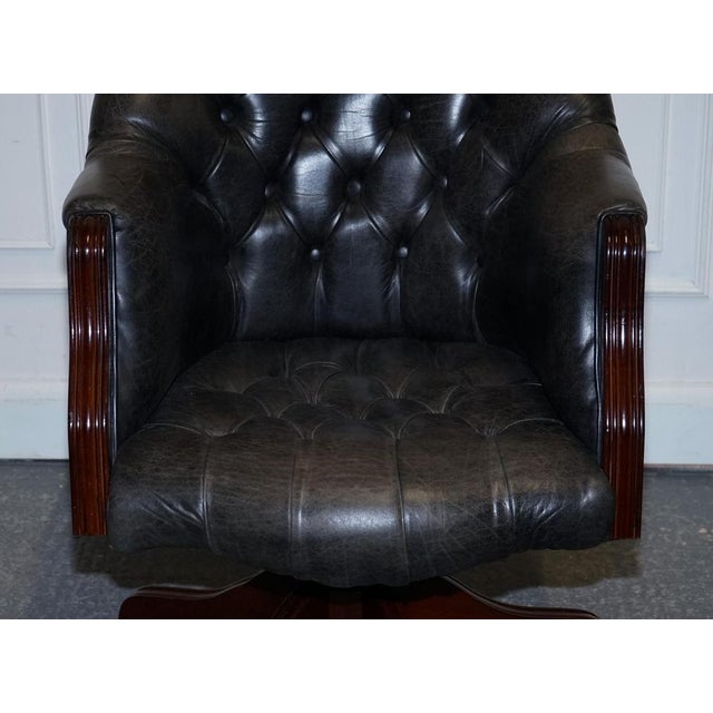 Vintage Chesterfield Dark Aged Grey Leather Directors Swifel Captains Chair For Sale - Image 11 of 16