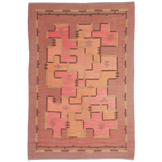 78476 Impi Sotavalta Finnish Flatweave Rug, 06'06 x 09'07. The Nordic Construct: A Vintage Finnish Art Deco Masterpiece of...