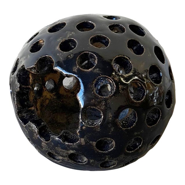 Vintage Danish Brutalist Ceramic Candle Holder – Black Pierced Sphere For Sale