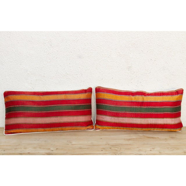 Indian Pair of Anjar Mashru Lumbar Pillows For Sale - Image 3 of 7