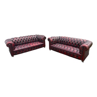 Pair of English Chesterfield Sofas in Burnished Burgundy Leather, Circa 1950s For Sale