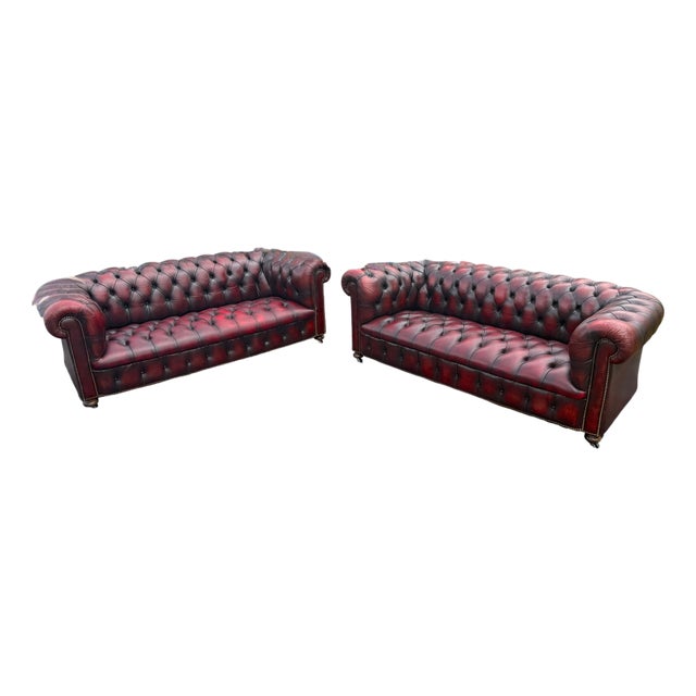 Pair of English Chesterfield Sofas in Burnished Burgundy Leather, Circa 1950s For Sale