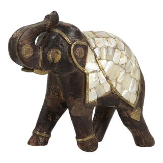 1960s Hand Carved Wooden Elephant Statue With Decorative Inlay & Brass Accents | Elephant Sculpture, Indian Royal Home Decor | For Sale