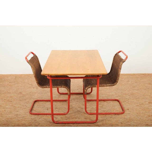 Table with Chairs in Red Lacquered Tubular Steel by S. Meier for Rohrmöbelfabrik, 1920s, Set of 3 For Sale - Image 4 of 17