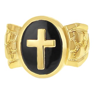 Men's Onyx Cross Ring 14k Yellow Gold, Size 9 For Sale