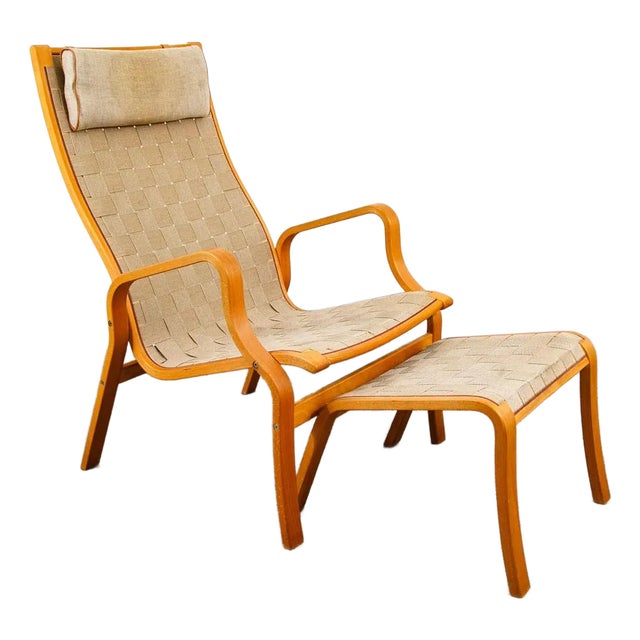1960s Mid Century Danish Modern Lounge Chair Finn Ostergaard Canvas Sweden Ottoman Mid-Century Modern For Sale