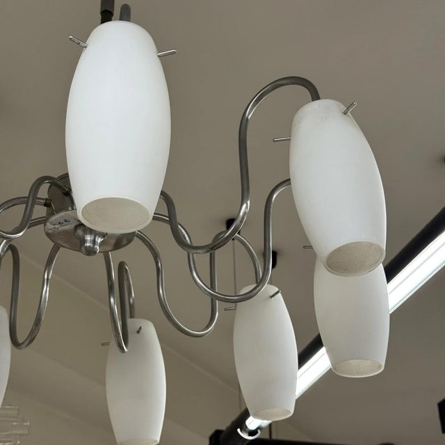 1980s Modernist 9-Light Scenographic Chandelier in Glass and Steel, 1970s For Sale - Image 5 of 10
