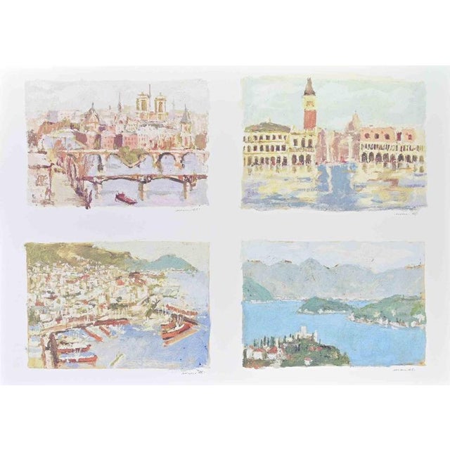 Lithograph on wove paper, realized in 1980s. Hand signed under each image. Excellent condition. In Vedute italiane, Franco...