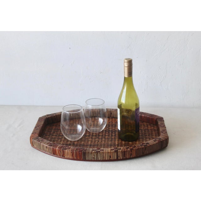 Brown Mid-Century Woven Wicker Rattan Wood Oval Serving Tray Vintage For Sale - Image 8 of 9