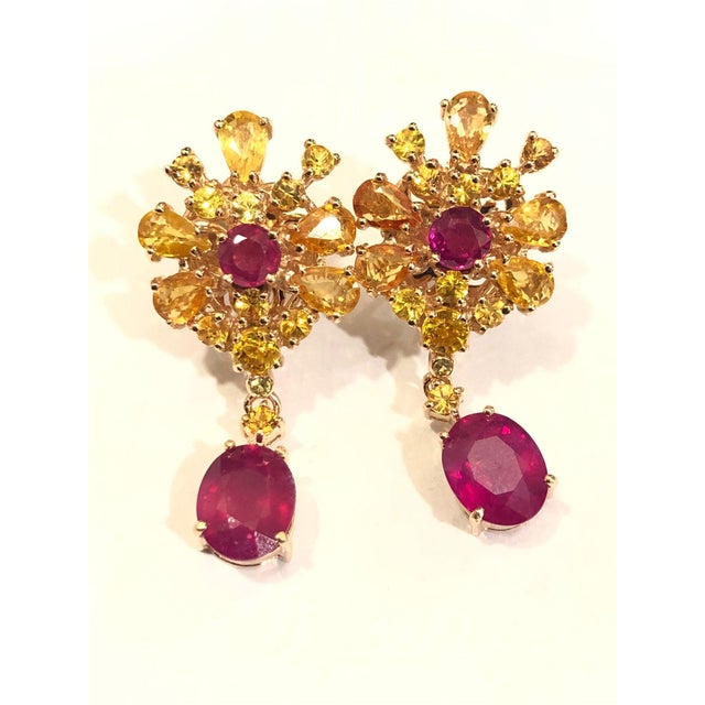 Ruby Red Bochic "Orient" Ruby, Yellow Sapphire Earrings Set 18K Gold & Silver For Sale - Image 8 of 18