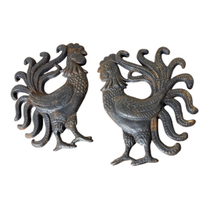 Vintage Sexton Mid-Century Modern Fighting Roosters Black Metal Wall Decor Hangings- Set of 2