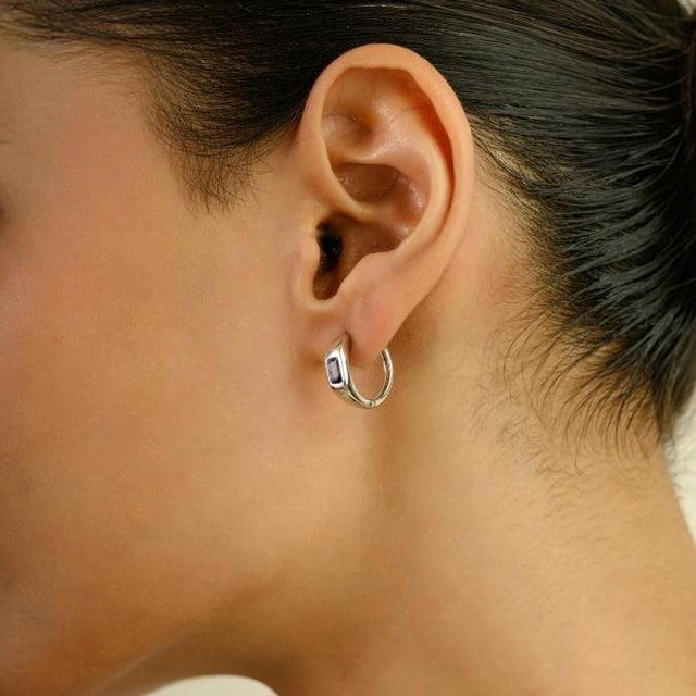 Octagon Cut Light Blue Sapphire 14k Gold Chunky Hoop Earring Set Gifts for Her- A Pair For Sale In New York - Image 6 of 11