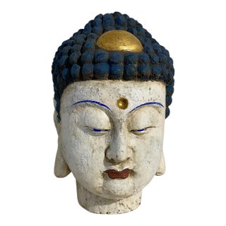 Vintage Large Asian Hand Carved Wood Buddha Head For Sale