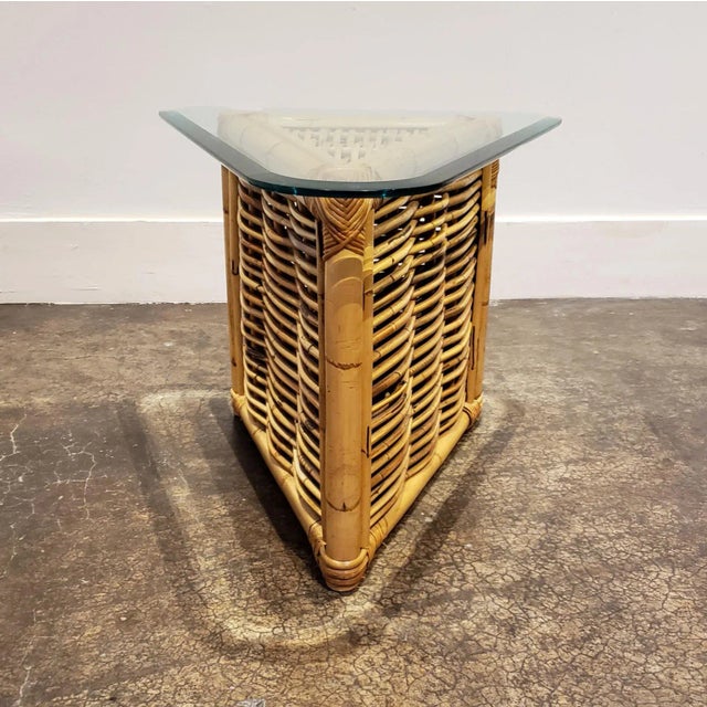 Mid-Century Modern Triangular Rattan Side Table With Glass Top For Sale - Image 3 of 8