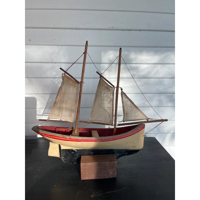 Antique Hand-Carved Wooden Ship Model With Linen Sails, Folk Art For Sale - Image 13 of 13
