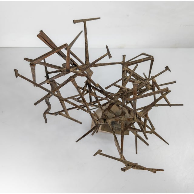 Mid-Century Modern Brutalist Abstract Nail Sculpture on Wood Base For Sale - Image 12 of 12