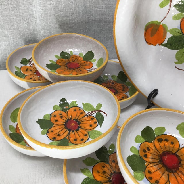 Tuscan Mid 20th Century Italian Salad Bowl Set in Glazed Terra Cotta With Orange Floral Design - 9 PCS For Sale - Image 3 of 11