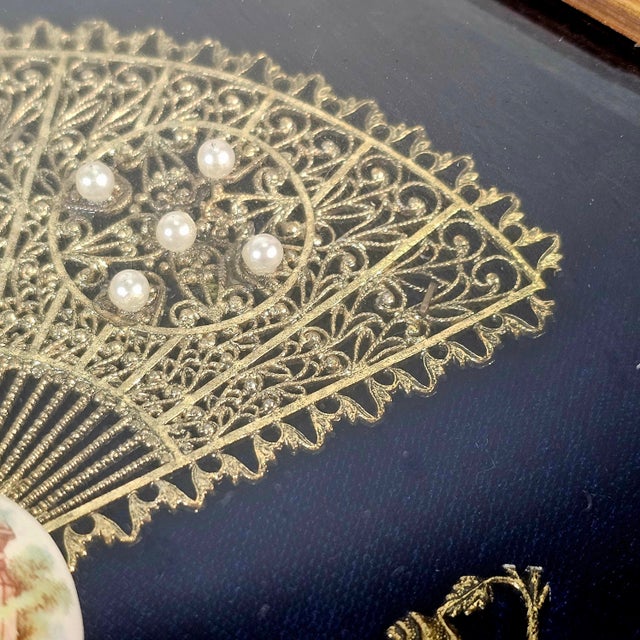 1970s Fragonard Rococo Revival Shadow Box Fan With Gilded Frame and Porcelain Medallion 7.5" For Sale - Image 5 of 8