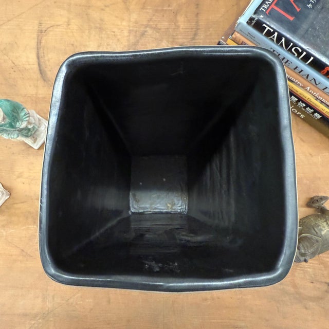 Square Shaped Cream Ceramic Vase with Black Stripes For Sale - Image 11 of 11