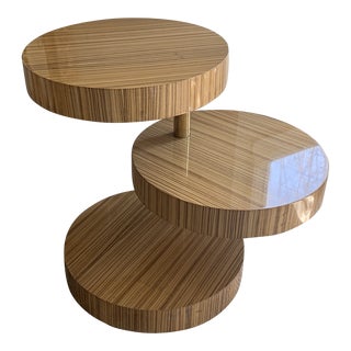 1980s Circular Swivel Tiered Lacquered Exotic Wood Side Table With Brass Support Column For Sale