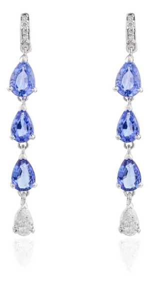 Fine Diamond Blue Sapphire Long Drop Earrings- a Pair