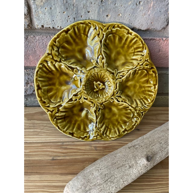 1950s French Gien Majolica Olive Green Oyster Plate For Sale - Image 15 of 16
