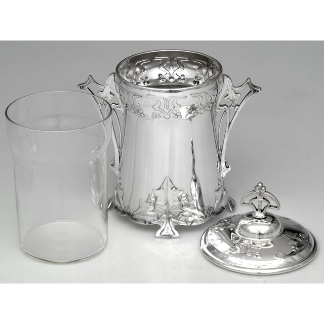 Art Nouveau WMF Art Nouveau Silverplate Biscuit Barrel With Figural Maidens & Glass Liner, c.1900–1915 For Sale - Image 3 of 11