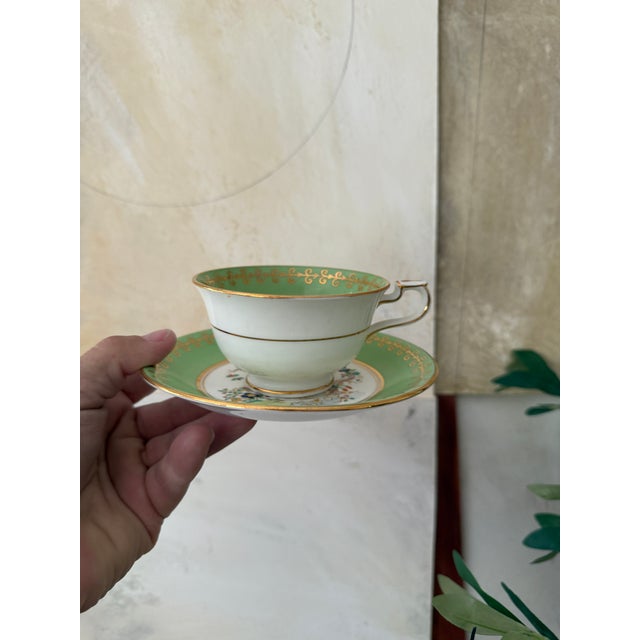 1930s English Bone China Teacup and Saucers by Allertons in Mint Green With Chinoiserie Tropical Bird - Collection of 11 Pieces For Sale - Image 11 of 12