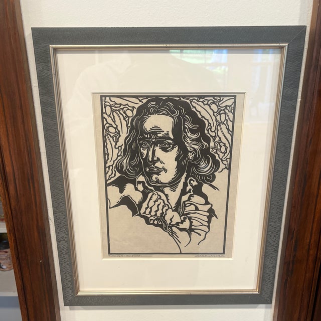 Josef Lacina Original Woodcut, a Portrait of Friedrich Schiller, European Realism Mid Century Art (Czech, 1899-1975) For Sale - Image 10 of 12