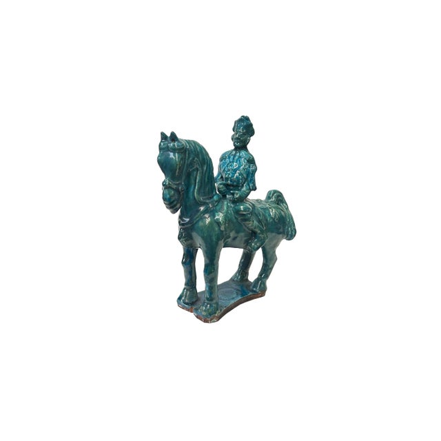 Asian Vintage Distressed Dark Green Glaze Ceramic Soldier Riding Horse Figure For Sale - Image 3 of 6