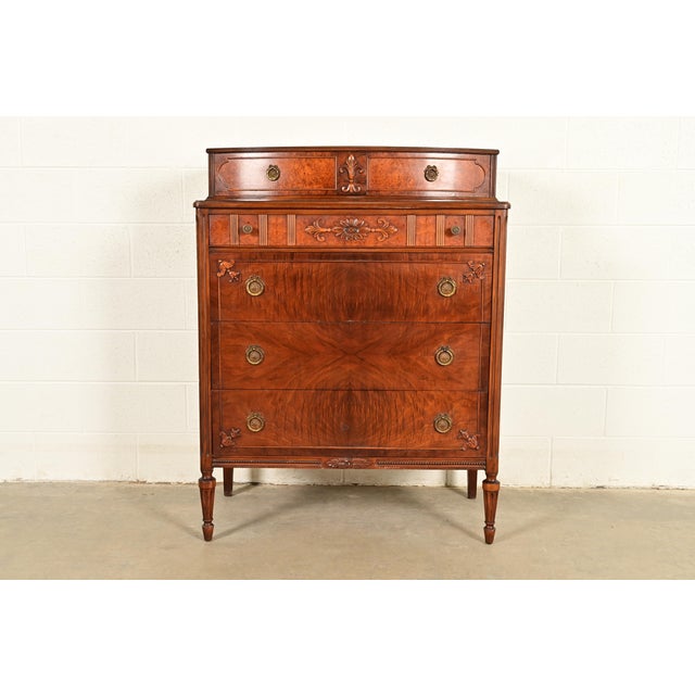 Antique French Regency Louis XVI Burled Walnut Highboy Dresser by Simmons Furniture, Circa 1930s For Sale - Image 14 of 14