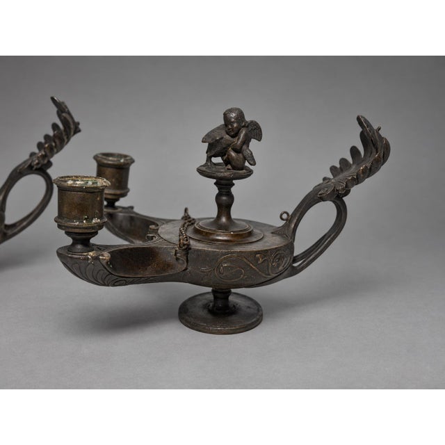 Pair of Grand Tour Bronze Two-Light Candlesticks in Roman Oil-Lamp Form For Sale - Image 9 of 11