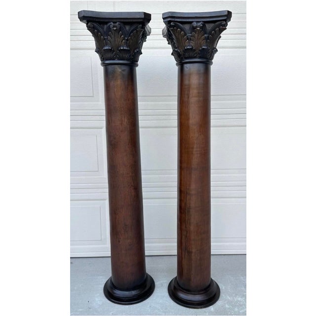 Mid 20th Century Pair of Custom Vintage Wooden Corinthian Column Pedestals With Capitals For Sale - Image 5 of 18